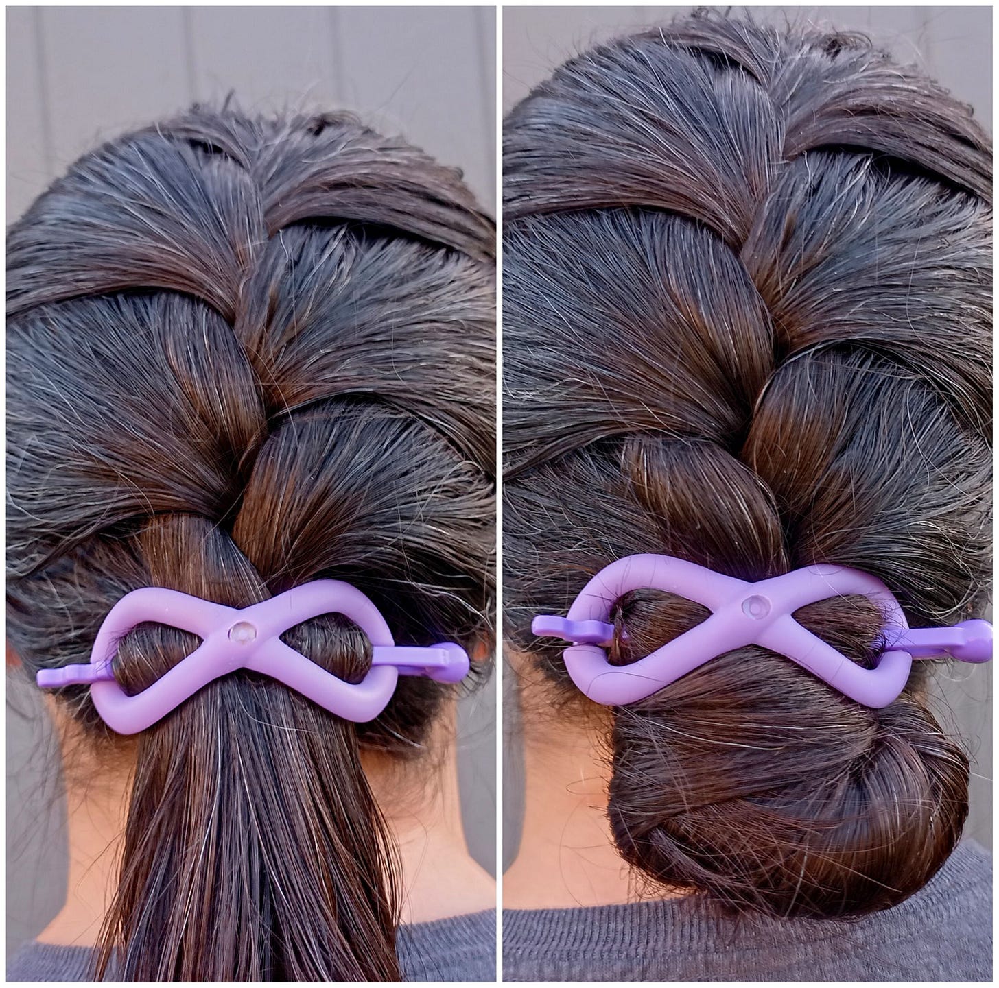Two photos of woman with long brown hair, one with French braided hair in a ponytail with purple Flexi hair clip, one with French braid in a bun with purple Flexi hair clip