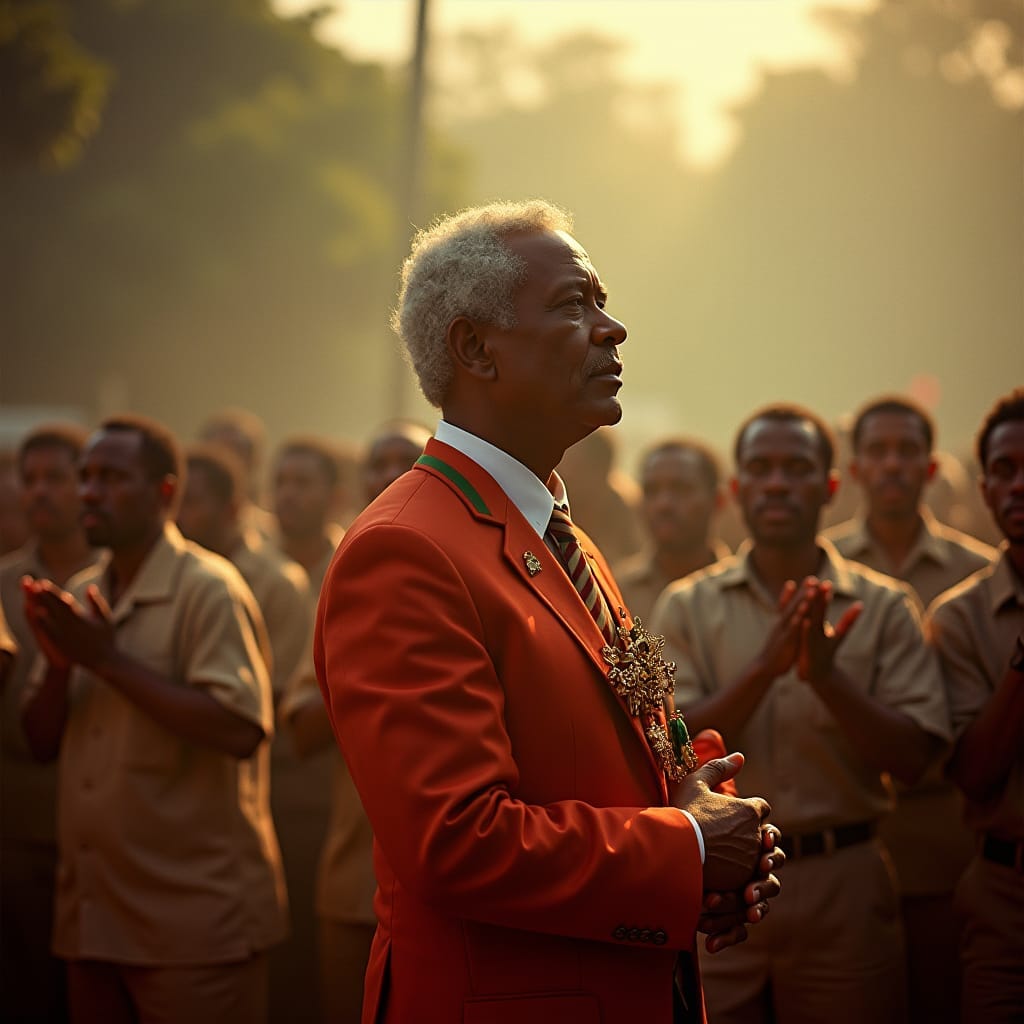 Michael Manley, charismatic leader, stands confidently in a warmly lit, atmospheric Jamaican setting, 1972, as he takes the oath of office, surrounded by adoring crowds, with a hint of cinematic film grain, subtle vignette, and vibrant colors, evoking the style of renowned cinematographers, Emmanuel Lubezki, Roger Deakins, and Rachel Morrison, with a rich, 35mm film aesthetic, infused with the textures of a bygone era, and the grandeur of a historic moment, as if shot on a V-Raptor XL camera, with masterful post-processing, and color grading that elevates the scene to an epic, dramatic, and stunning masterpiece.