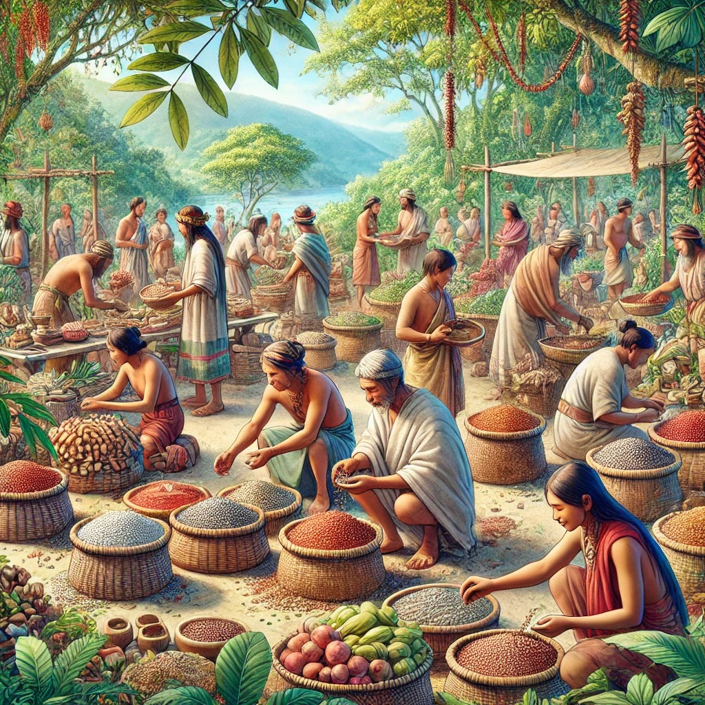 A detailed scene depicting an indigenous society using seeds as a form of currency. The image shows people exchanging seeds for goods in a vibrant, natural market setting. The market is surrounded by lush greenery, with tables displaying a variety of plants, fruits, and handmade goods. The people wear traditional clothing made from natural fibers, and there is a sense of community and harmony. Some people are carefully counting and sorting seeds into small pouches, while others are trading them for food, tools, and woven textiles. The atmosphere feels peaceful and connected to the natural world, emphasizing the cultural and ecological significance of seeds.