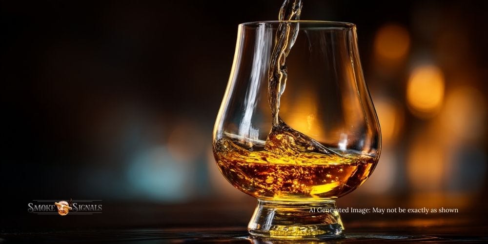 Glencairn glass of whiskey with water drops releasing aromas.