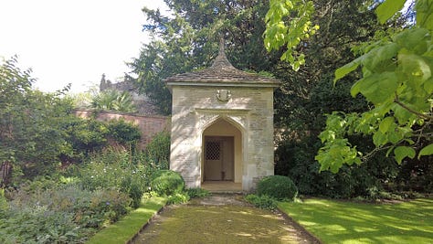 Three photos of the ornate Bath House at Corsham Court. The bath looks deep. Images: Roland's Travels