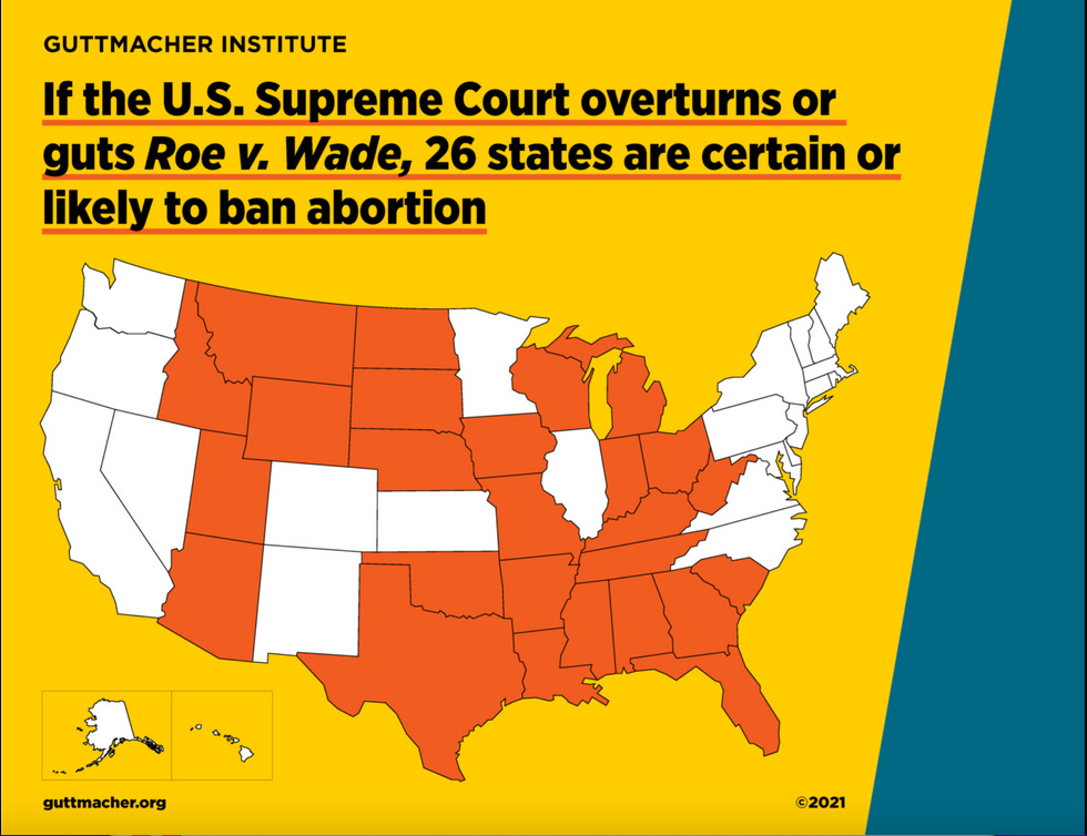 Map depicting the 26 states where abortion will likely be illegal if Roe is overturned Map depicting the 26 states where abortion will likely be illegal if Roe is overturned