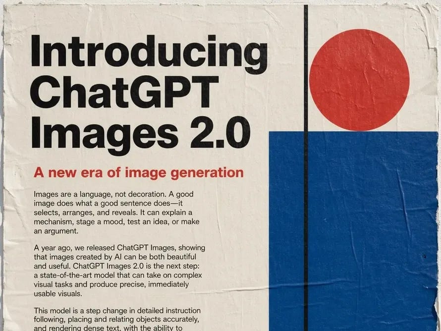 Generated with ChatGPT Images 2.0, this poster-style image introduces “ChatGPT Images 2.0” with a bold editorial layout, blocks of explanatory text, and geometric shapes in red, black, blue, and yellow.