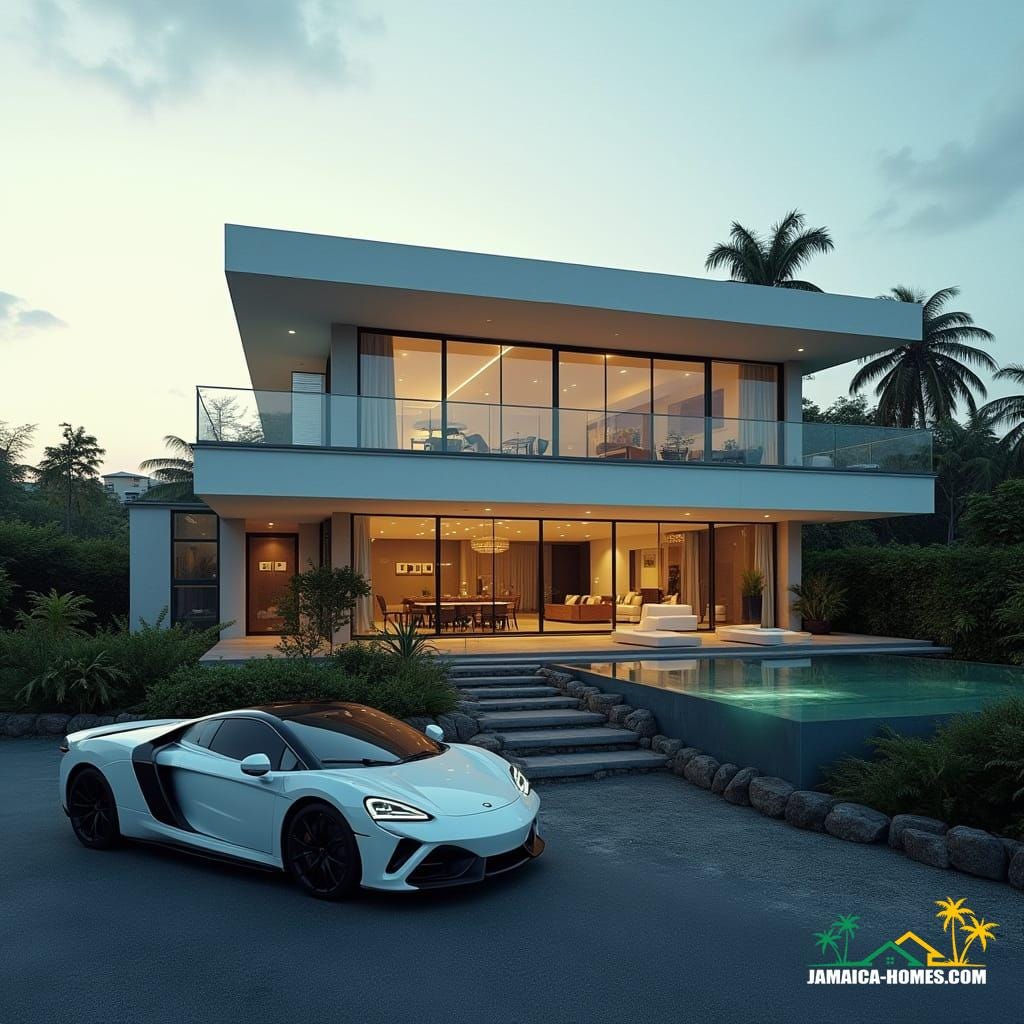 A breathtaking modern Jamaican townhouse in Kingston, entirely clad in reflective glass walls, clean geometric lines, protruding square windows, and a flat roof. Rooftop infinity pool and spa, minimalist landscaping