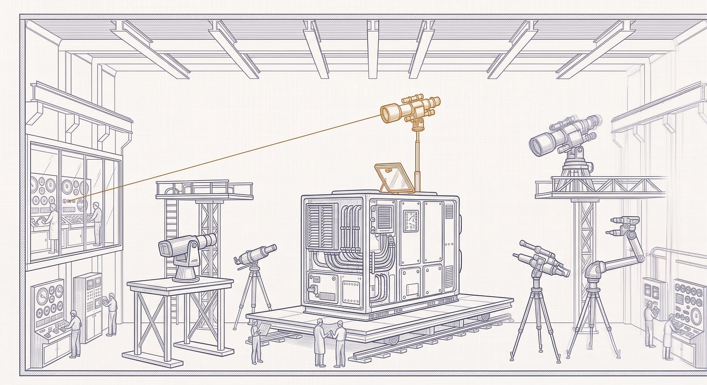 Cross-section of an evaluation chamber rendered as a precision technical illustration in slate blue on off-white. A large sealed cabinet-like machine sits on a raised test platform, surrounded by telescopes, sensor arms, and instruments on tripods and gantries, all trained on it. Technicians watch gauges from consoles and an observation window at left. From an open hatch on the machine’s roof, a slender mast raises a small telescope of its own—highlighted in amber-gold—aimed directly back at the observation window, its sight line crossing the chamber. Cross-section of an evaluation chamber rendered as a precision technical illustration in slate blue on off-white. A large sealed cabinet-like machine sits on a raised test platform, surrounded by telescopes, sensor arms, and instruments on tripods and gantries, all trained on it. Technicians watch gauges from consoles and an observation window at left. From an open hatch on the machine’s roof, a slender mast raises a small telescope of its own—highlighted in amber-gold—aimed directly back at the observation window, its sight line crossing the chamber.