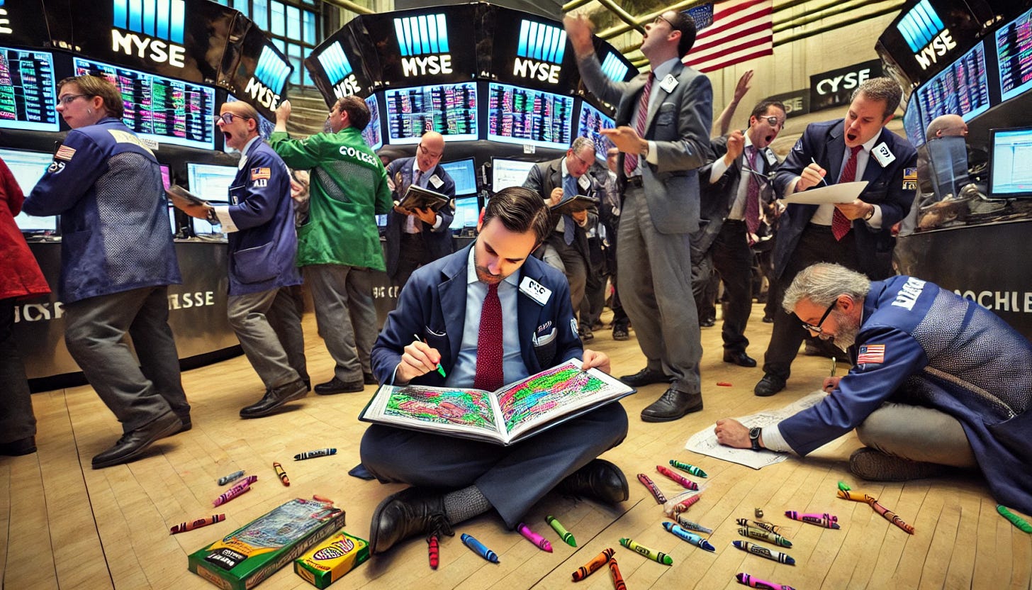 A market maker sitting cross-legged on the floor of a busy stock exchange, completely absorbed in coloring a book with crayons. He is drawing with focus while traders in suits frantically gesture, yell, and exchange papers around him. The electronic trading boards display fluctuating stock prices in the background, creating a stark contrast between the chaotic environment and the calm, childlike activity of the market maker. The scene is expanded to a widescreen format, capturing more of the frantic trading floor, with more traders in the background adding to the chaotic atmosphere.