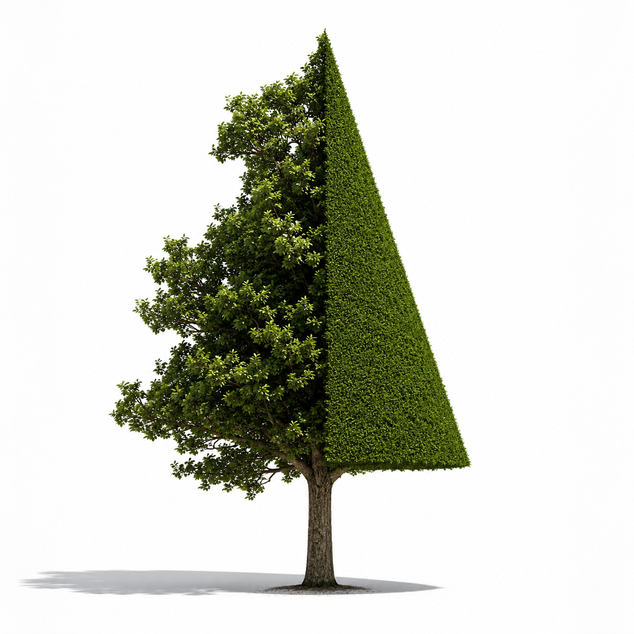 A single tree on a pure white studio background is split down the centre: one half has a wild, irregular natural canopy, while the other half is clipped into a rigid geometric cone. A single shadow falls beneath it.