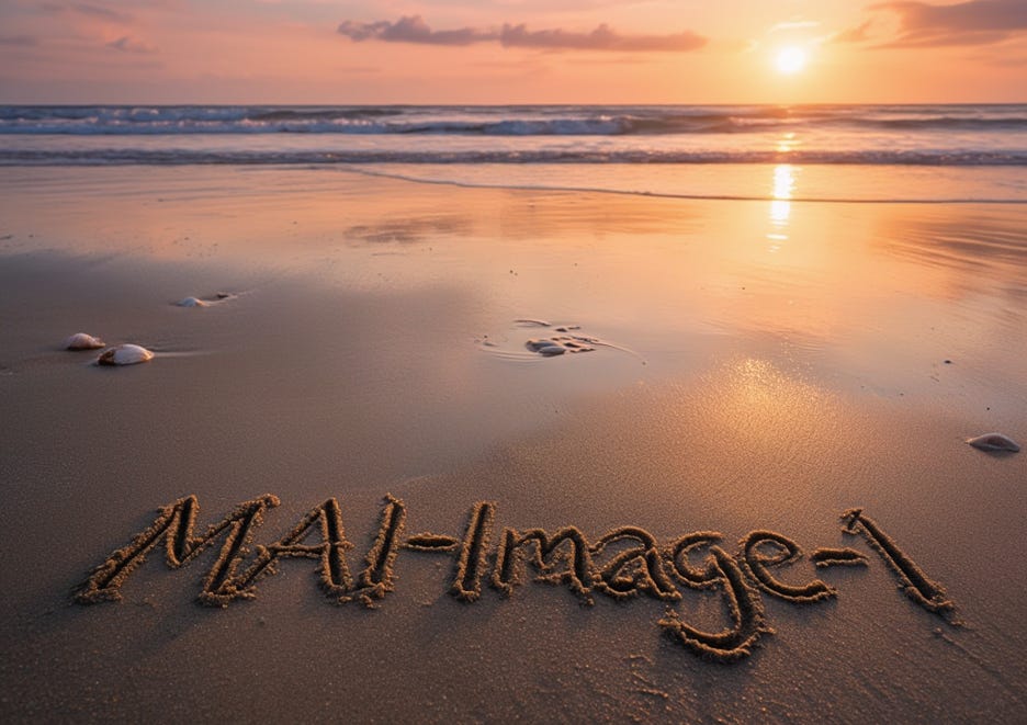 “MAI-Image-1” is written in the sand on a beach at sunset, with calm waves and a colorful sky in the background. The sun is low on the horizon, casting a warm glow over the scene.