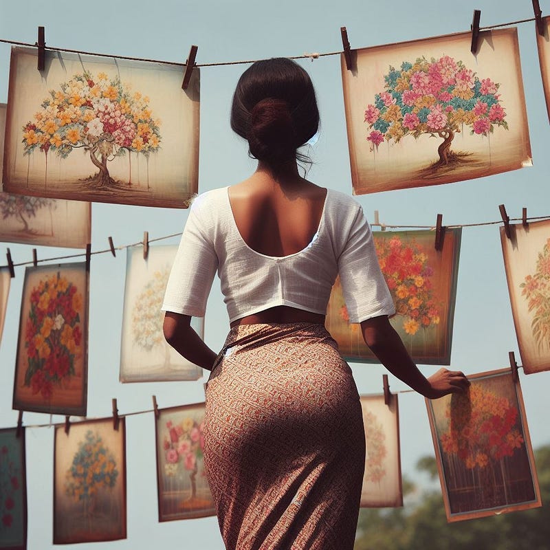 A young woman in a sarong, standing in front of paintings drying on a clothesline.