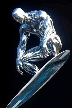 This may contain: a shiny silver man is on top of a surfboard