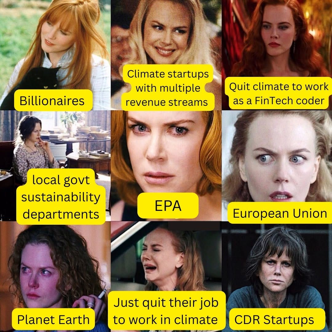A grid of nine Nicole Kidman stills, each labelled: Billionaires; Climate startups with multiple revenue streams; Quit climate to work as a FinTech coder; local govt sustainability departments; EPA; European Union; Planet Earth; Just quit their job to work in climate; CDR Startups.