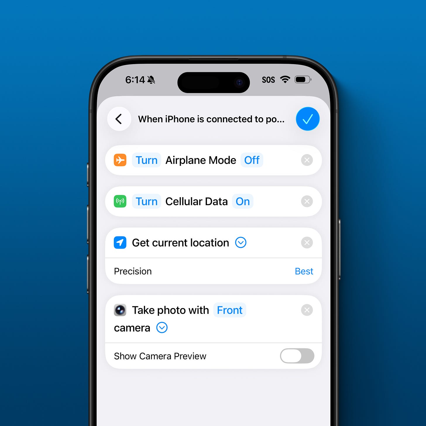 Shortcut showing Get Current Location with Best precision followed by Take Photo using the front camera with Camera Preview turned off.