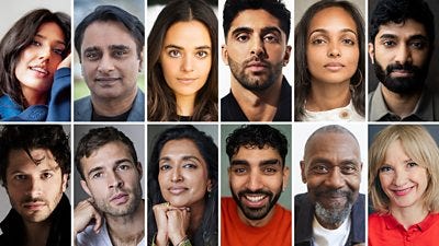 Grid featuring 12 headshots of actors in The Split Up. Actors include: Ritu Arya, Sanjeev Bhaskar, Aysha Kala, Arian Nik, Shalini Peiris, Danny Ashok, Dimitri Leonidas, Tom Forbes, Sindhi Vee, Mawaan Rizwan, Lenny Henry, and Jane Horrocks. Grid featuring 12 headshots of actors in The Split Up. Actors include: Ritu Arya, Sanjeev Bhaskar, Aysha Kala, Arian Nik, Shalini Peiris, Danny Ashok, Dimitri Leonidas, Tom Forbes, Sindhi Vee, Mawaan Rizwan, Lenny Henry, and Jane Horrocks.