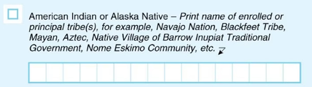 American Indian or Alaska Native checkbox on 2020 Census form with examples of principal tribes or tribes to list below.