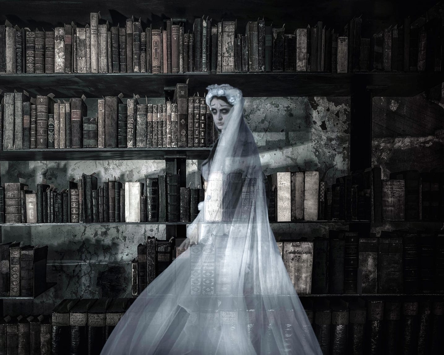 A female ghost wearing a white wedding gown in front of packed shelves of old casebound books. The ghost is staring at the viewer in an unsettling way. The gown is translucent, allowing the books behind her to be partially seen.