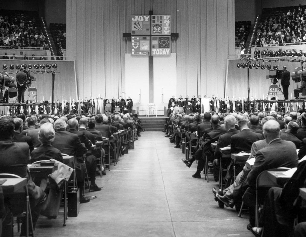 A view of the platform from the floor of the 1968 uniting conference in Dallas, where a merger of the Methodist Church and Evangelical United Brethren Church resulted in The United Methodist Church. The Commission on Archives and History offers a number of archives and resources on the history of Methodism. 1968 file photo courtesy of the United Methodist Commission on Archives and History. A view of the platform from the floor of the 1968 uniting conference in Dallas, where a merger of the Methodist Church and Evangelical United Brethren Church resulted in The United Methodist Church. The Commission on Archives and History offers a number of archives and resources on the history of Methodism. 1968 file photo courtesy of the United Methodist Commission on Archives and History.