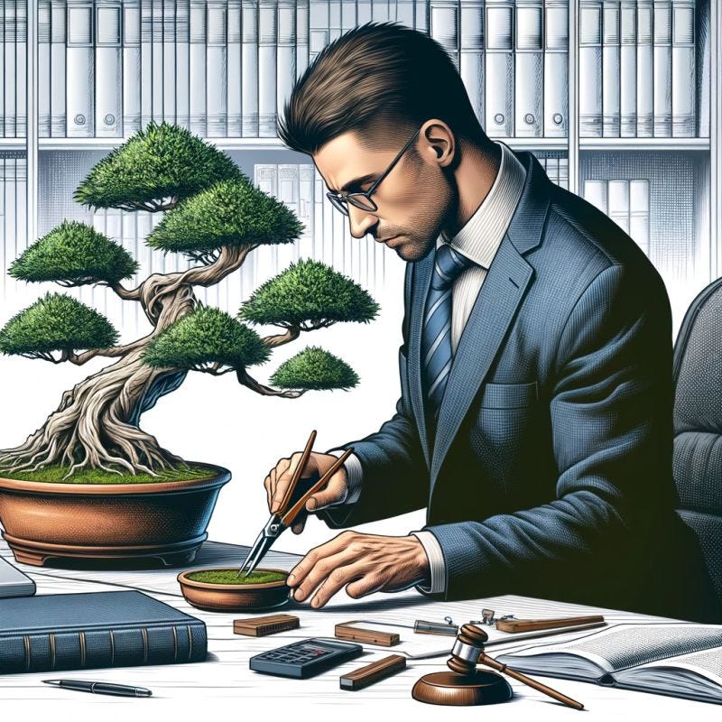 Ilustração de um advogado concentrado, de terno e gravata, podando cuidadosamente um bonsai sobre sua mesa de trabalho. Ao redor, há livros, papéis, calculadora, martelo judicial e ferramentas de escrita, simbolizando o cuidado com a redação jurídica e a brevidade com propósito.