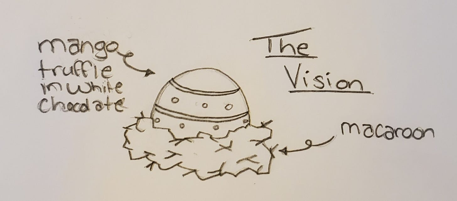 An illustration of a decorated easter egg sitting in a nest. The words "The Vision" act as a title. The words mango truffle in white chocolate" point to the egg and the word "macaroon" points to the nest.