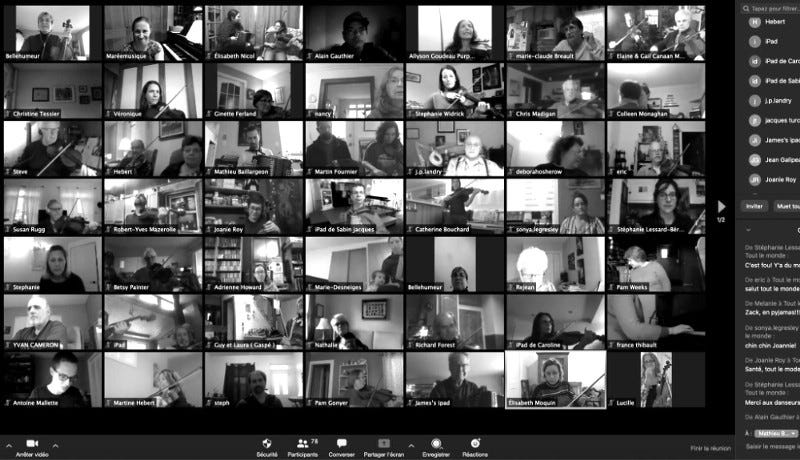 Screenshot of at least 50 people participating in an online Zoom fiddle session. Screenshot of at least 50 people participating in an online Zoom fiddle session.