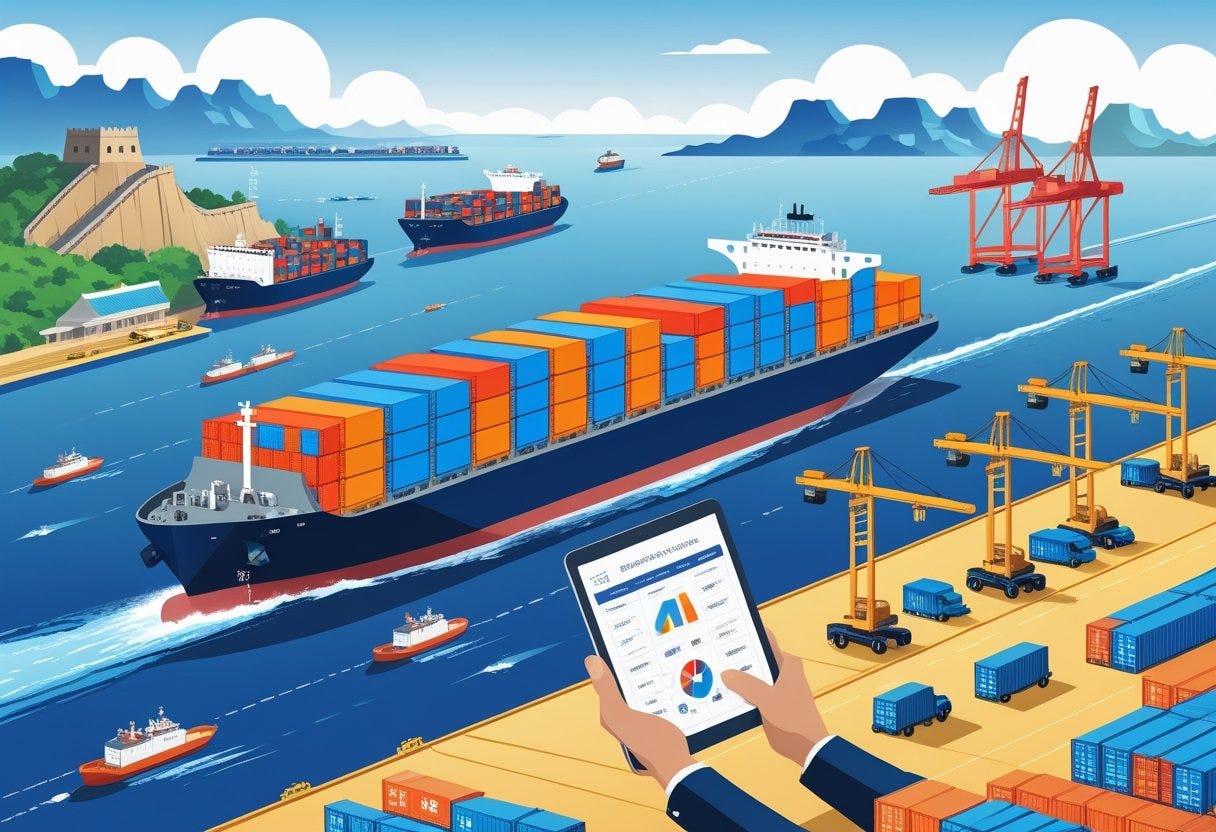 A businessperson reviews shipping options on a tablet while a cargo ship travels from a Chinese port to a US port with containers being loaded and unloaded. A businessperson reviews shipping options on a tablet while a cargo ship travels from a Chinese port to a US port with containers being loaded and unloaded.