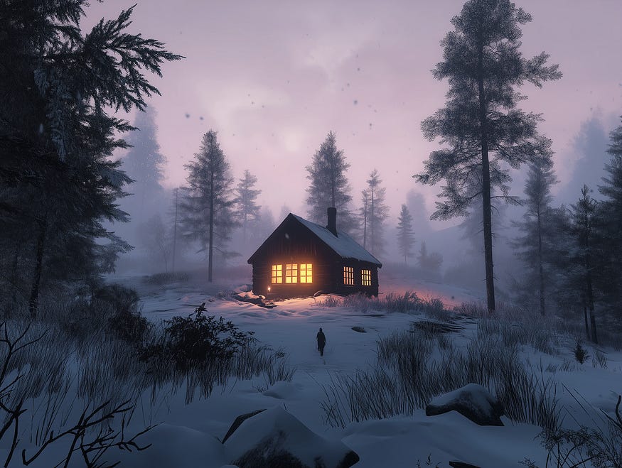 A lonely cabin in the woods in the winter at sunset. A love figure approaches it.