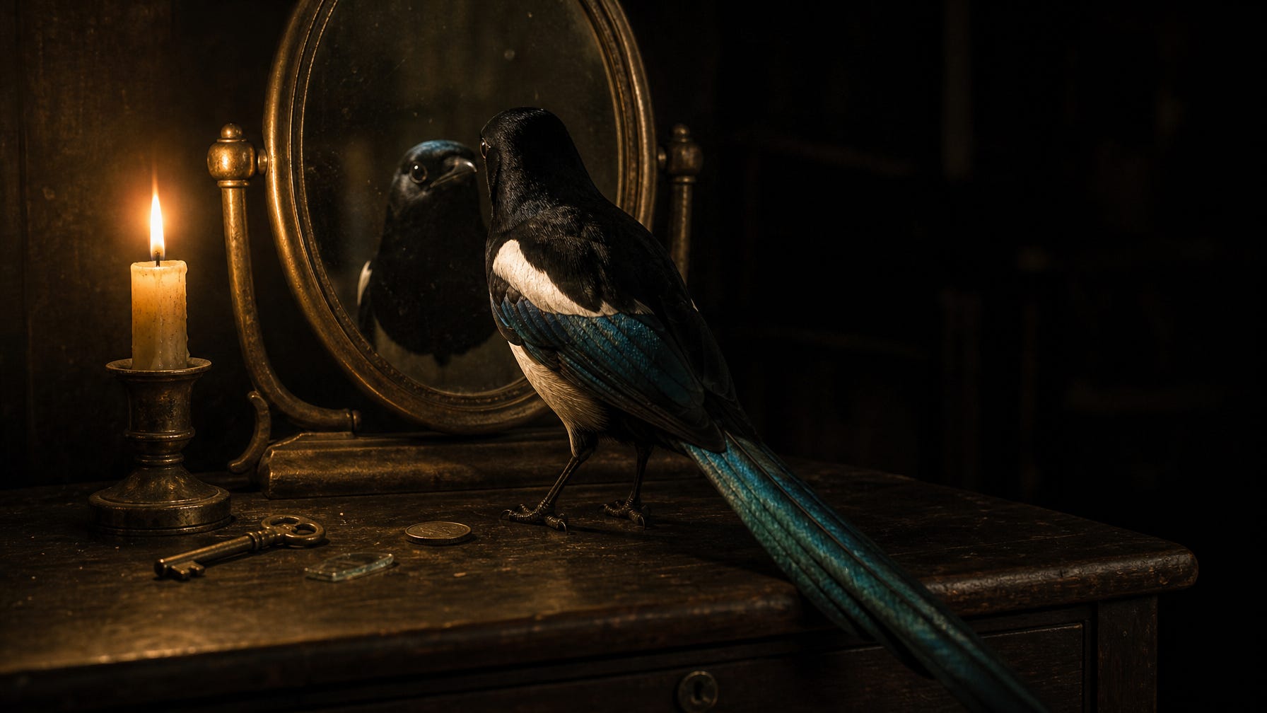 An Oriental magpie stands on a dark wooden dresser, seen from behind, facing an old oval mirror in a worn brass frame. Her face is visible only in the reflection. A single lit candle beside the mirror lights her white shoulder and long blue green tail. A brass key and a coin lie on the wood near her feet.
