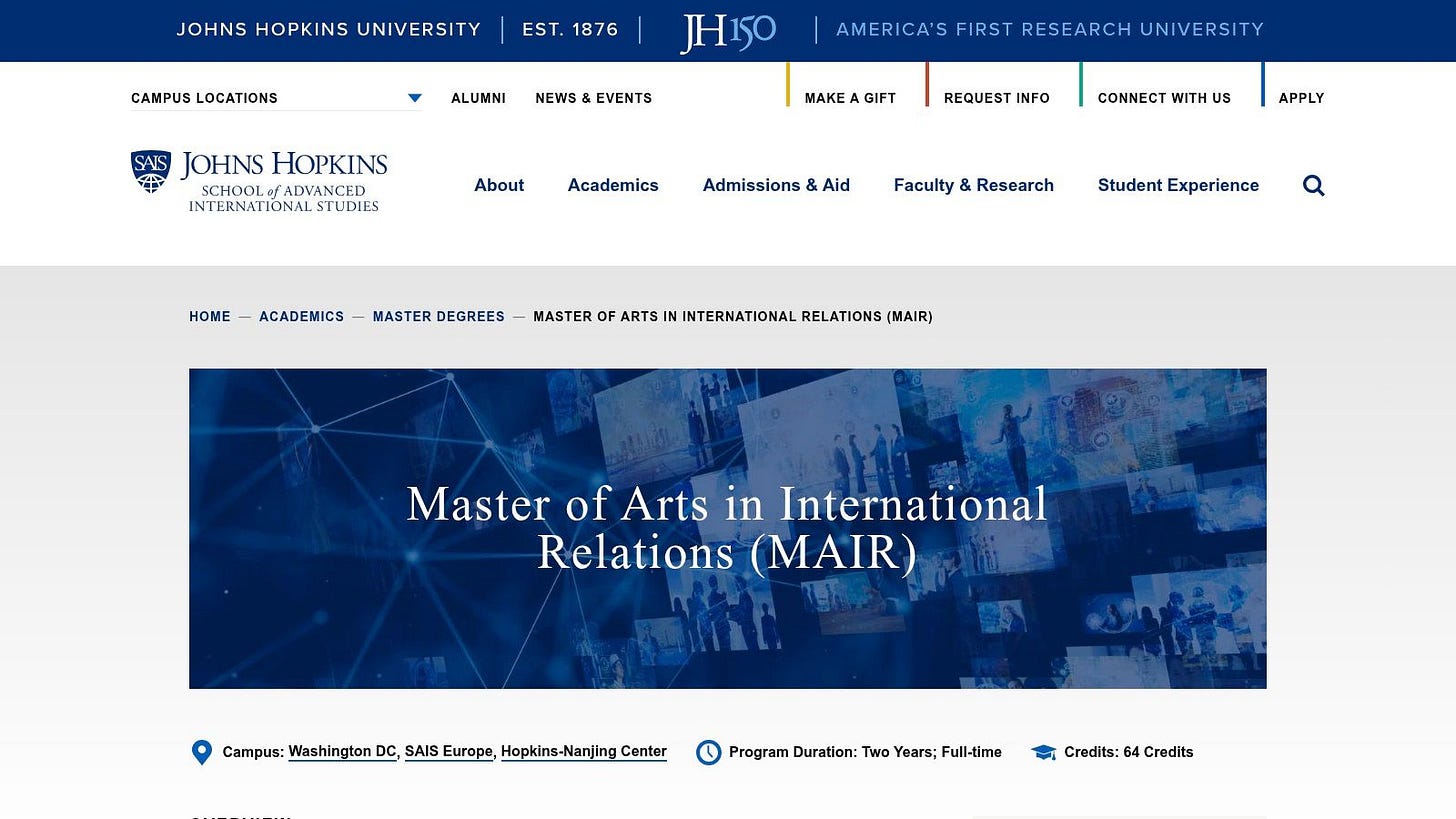 Johns Hopkins SAIS, MAIR (Development, Climate & Sustainability/IDEV focus)