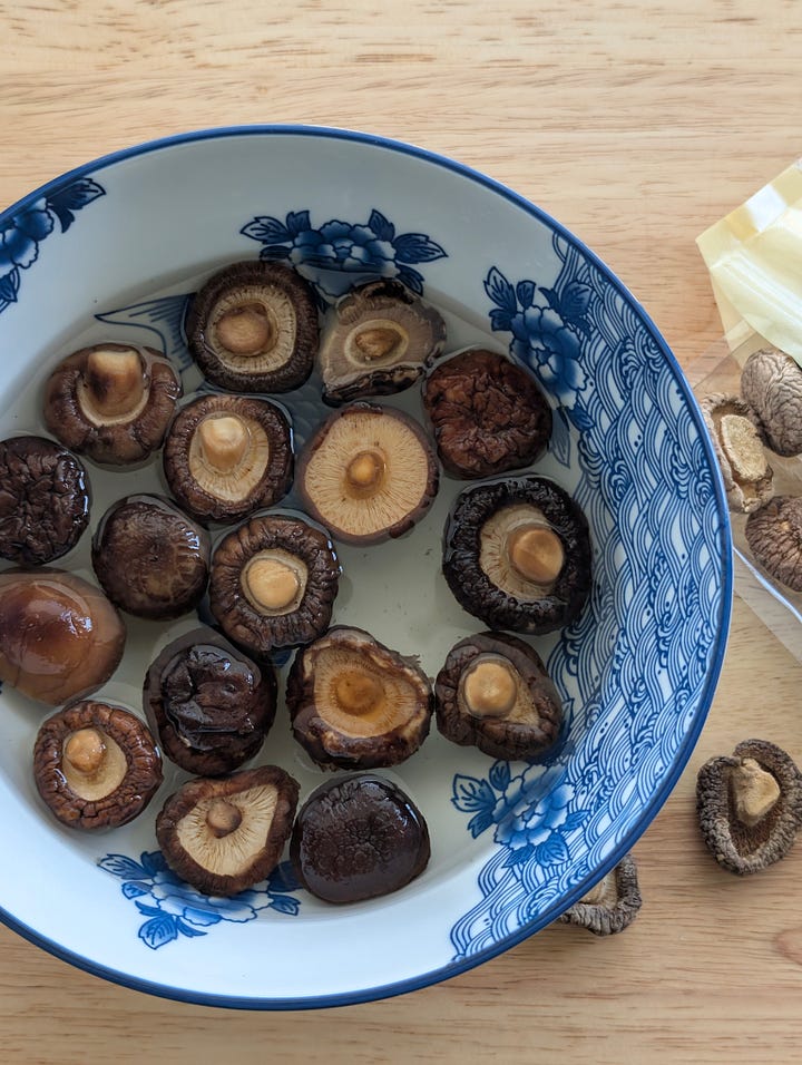 Side-by-side images showing dried shiitake mushrooms soaking in water on the left, and the strained, clear dashi broth on the right.