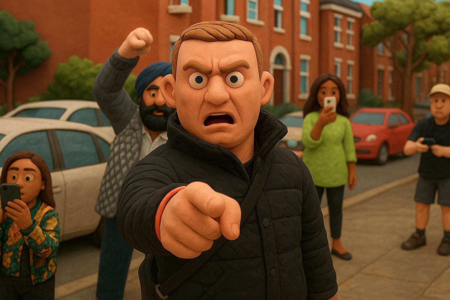 plasticine 3d view of this man and this scene almost like a 3d cartoon seen on a gameboard where we see the street scene and the other people.png