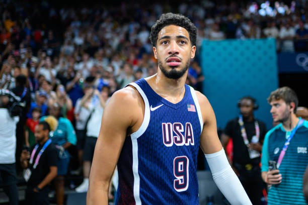 Tyrese Haliburton of USA looks on during the quarterfinal between USA and Brazil on day eleven of the Olympic Games Paris 2024 at Bercy Arena on...