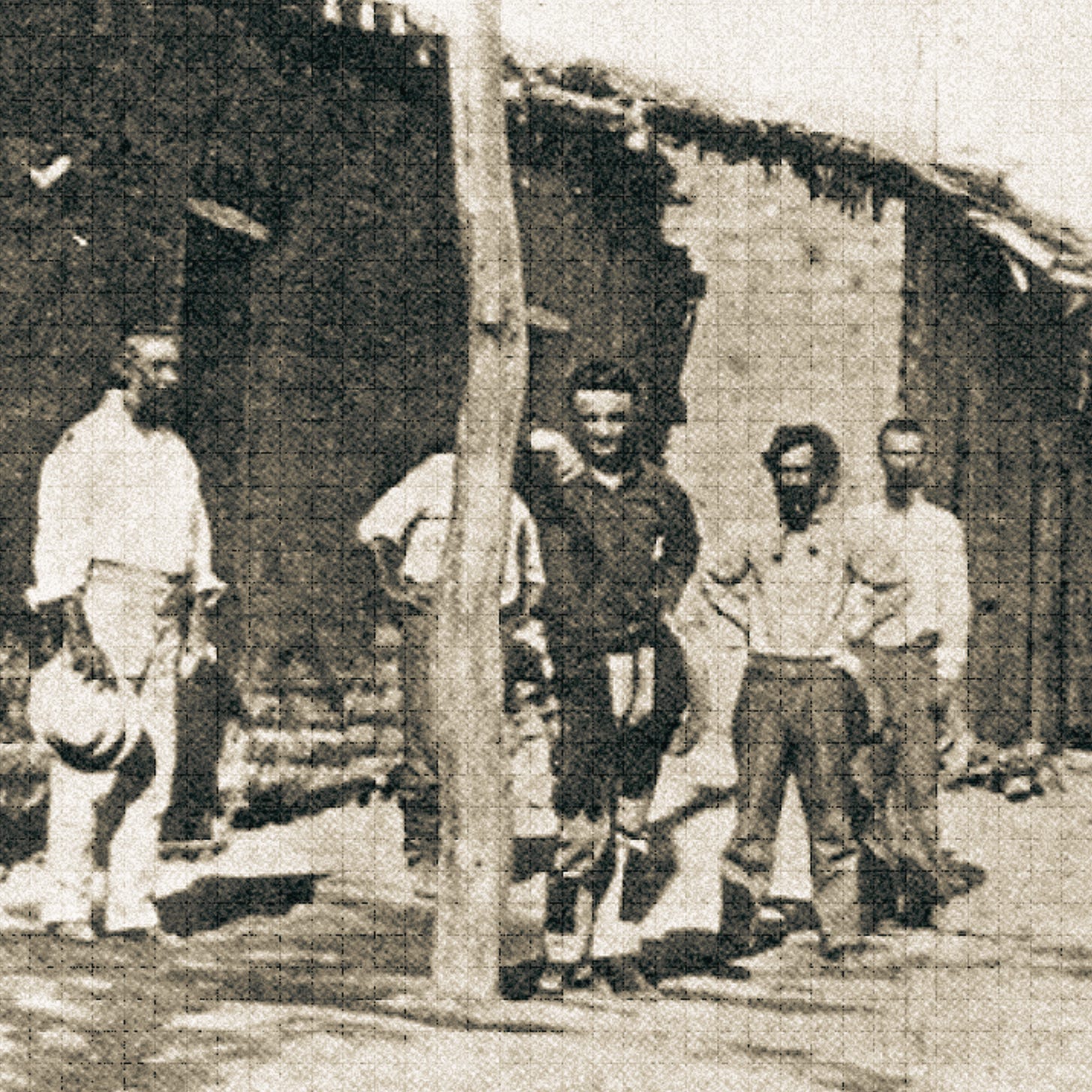 photo of men standing in front of building in Maricopa Wells, Arizona Territory circa 1870s.