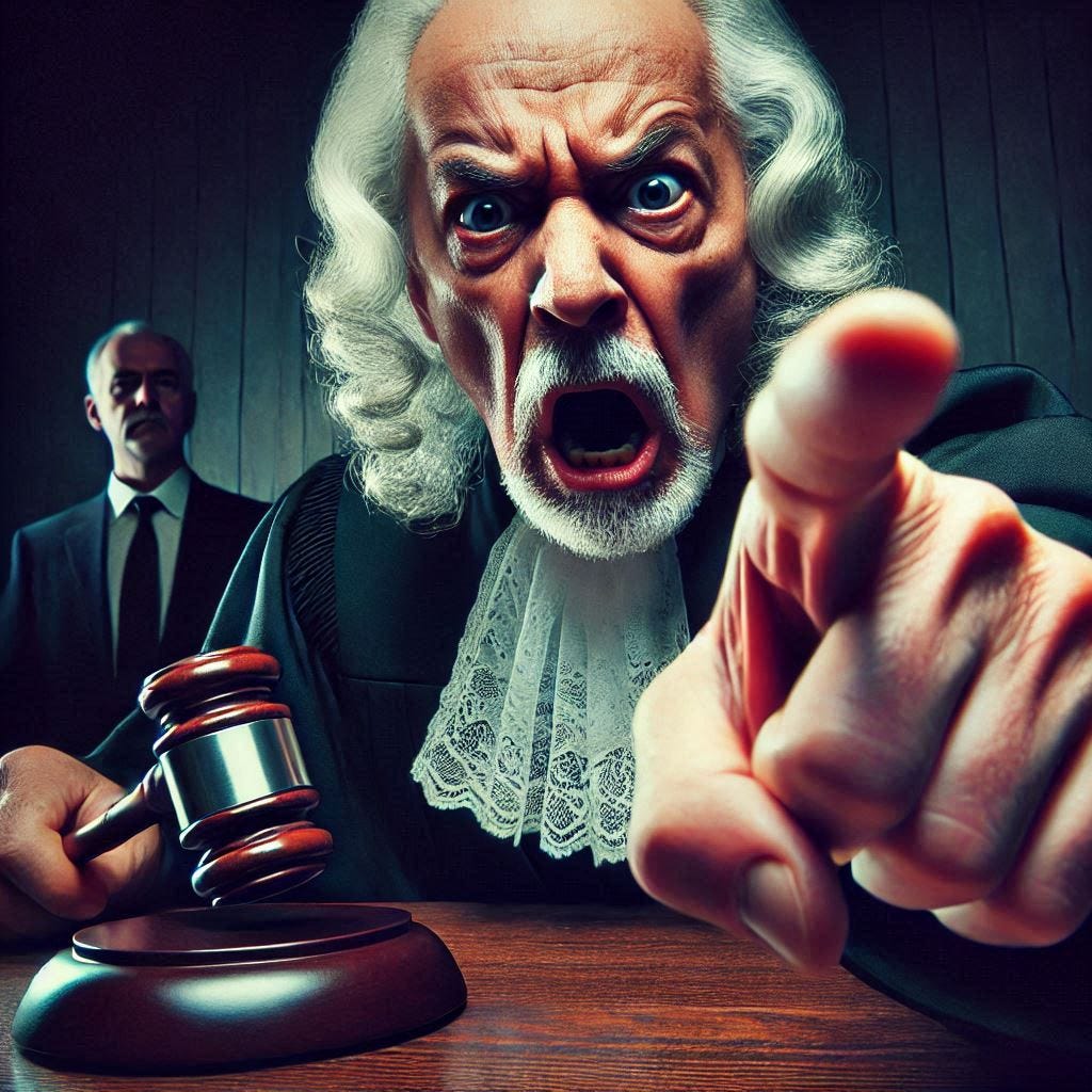 an angry judge pointing the finger at the guilty party