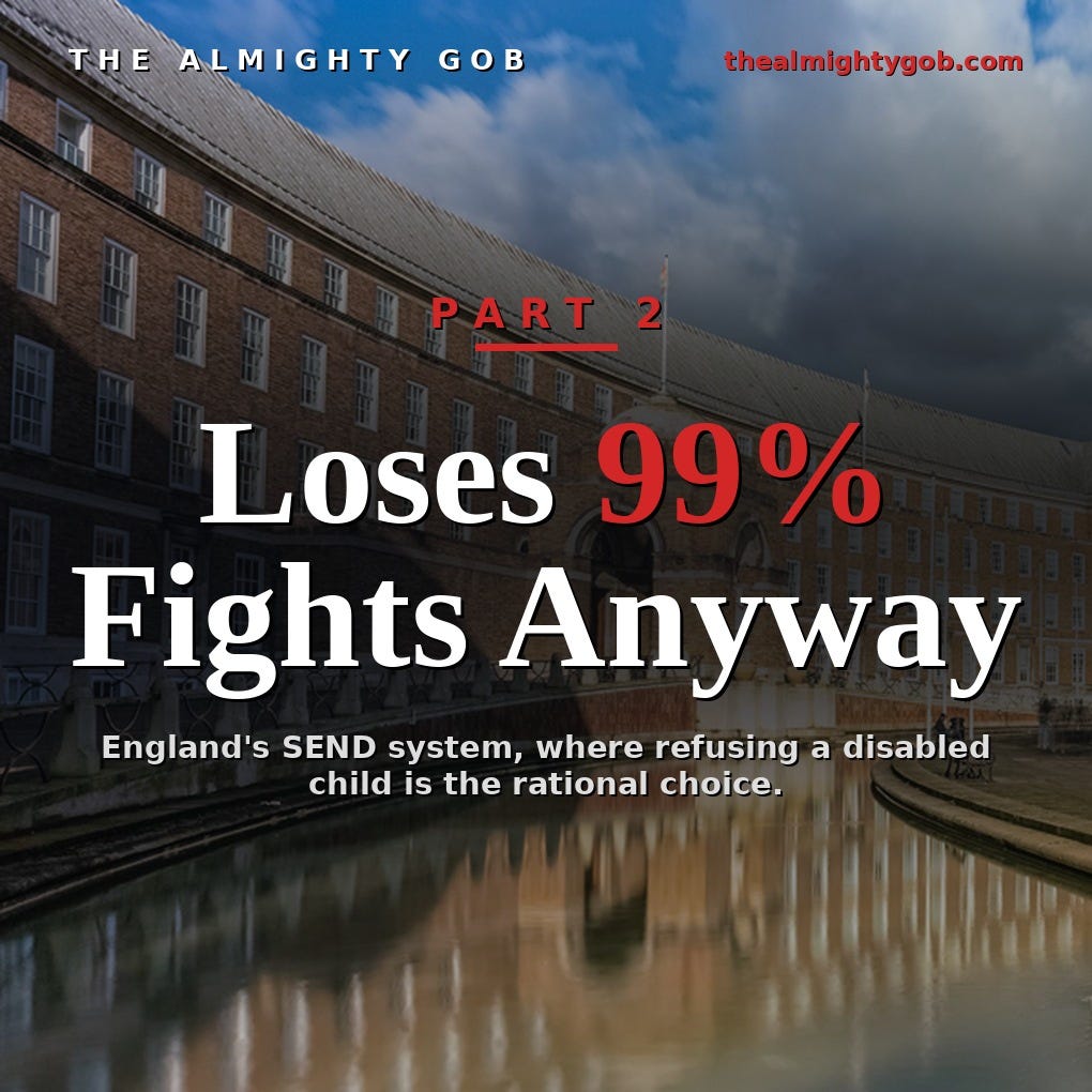 "Loses 99%, Fights Anyway" over Bristol City Hall — The Almighty Gob, Part 2, on England's SEND system and the 99% of tribunals its councils lose. thealmightygob.com "Loses 99%, Fights Anyway" over Bristol City Hall — The Almighty Gob, Part 2, on England's SEND system and the 99% of tribunals its councils lose. thealmightygob.com