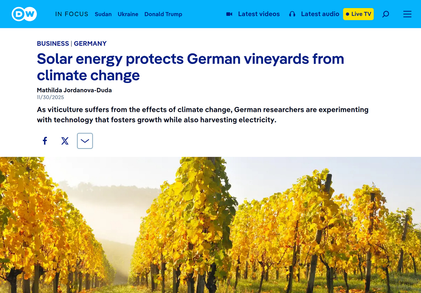 Article about the use of solar panels to protect vineyards. Full article: https://www.dw.com/en/germany-vineyards-climate-change-solar-energy-riesling/a-74849301