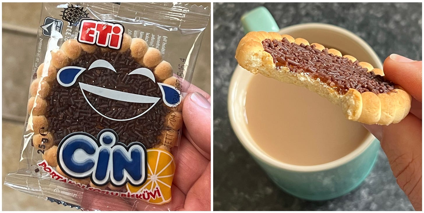 Two photos of a round tart like biscuit covered in chocolate sprinkles 