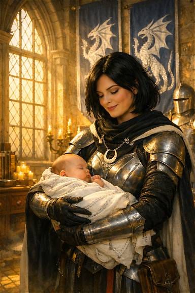 Clarion holding baby Carillon in the restored solar of Argynvostholt, warm morning light through leaded windows, silver dragon banners restored, polished armor reflecting sunlight, Clarion in silver‑and‑obsidian armor with black hair, cradling the infant wrapped in white linen embroidered with silver thread, serene and protective atmosphere Clarion holding baby Carillon in the restored solar of Argynvostholt, warm morning light through leaded windows, silver dragon banners restored, polished armor reflecting sunlight, Clarion in silver‑and‑obsidian armor with black hair, cradling the infant wrapped in white linen embroidered with silver thread, serene and protective atmosphere