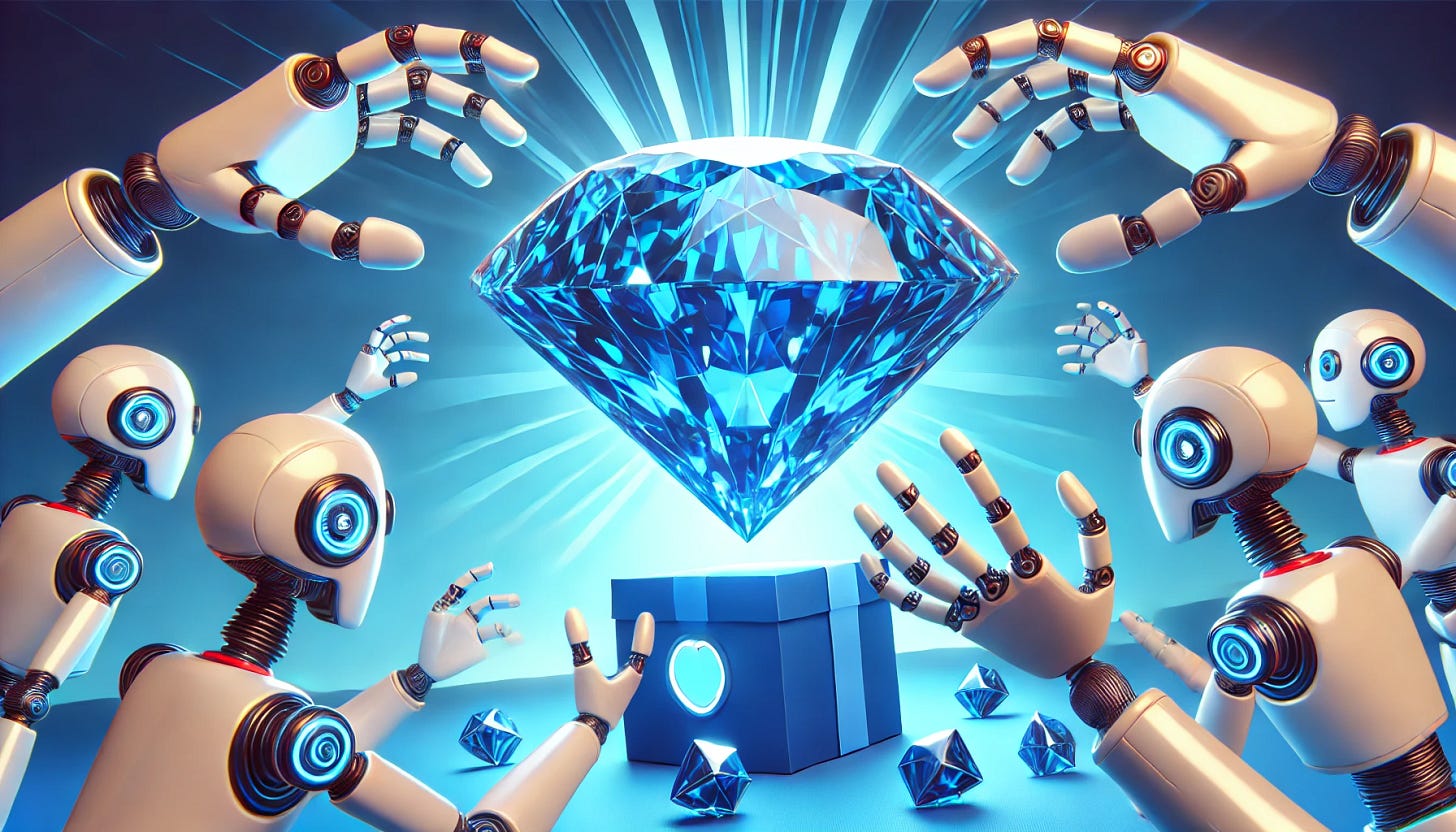 A giant blue diamond shimmers in the center, even larger than before. Below it, two robots without hands are reaching up with excited expressions, trying to grab the diamond. The scene is filled with a sense of anticipation and wonder. The robots are designed with sleek, futuristic features and look very eager.