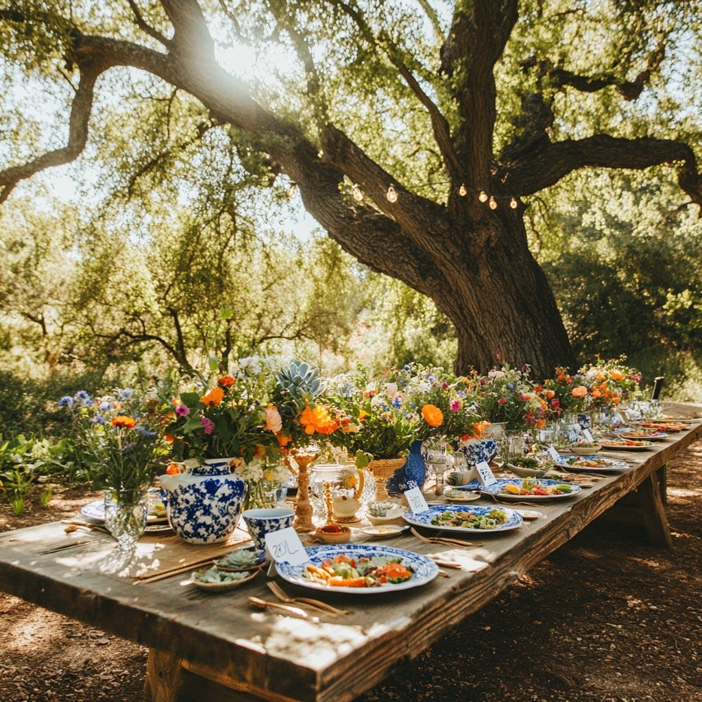 A beautifully set outdoor dining table adorned with colorful flower arrangements, plates of food, and decorative glassware, positioned under a large tree with sunlight filtering through the leaves.