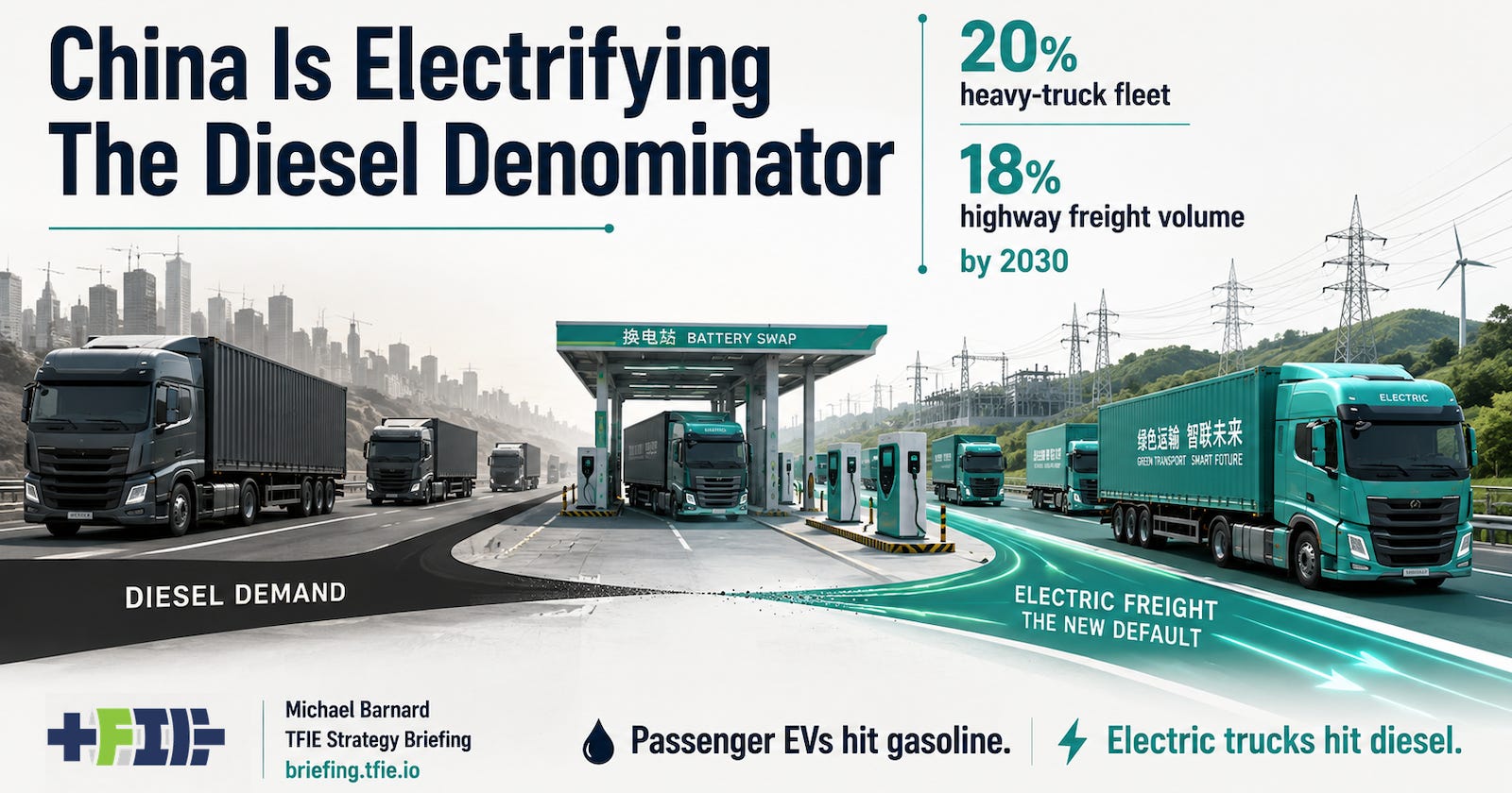 Electric trucks and charging infrastructure narrow a diesel freight lane on a Chinese highway corridor.