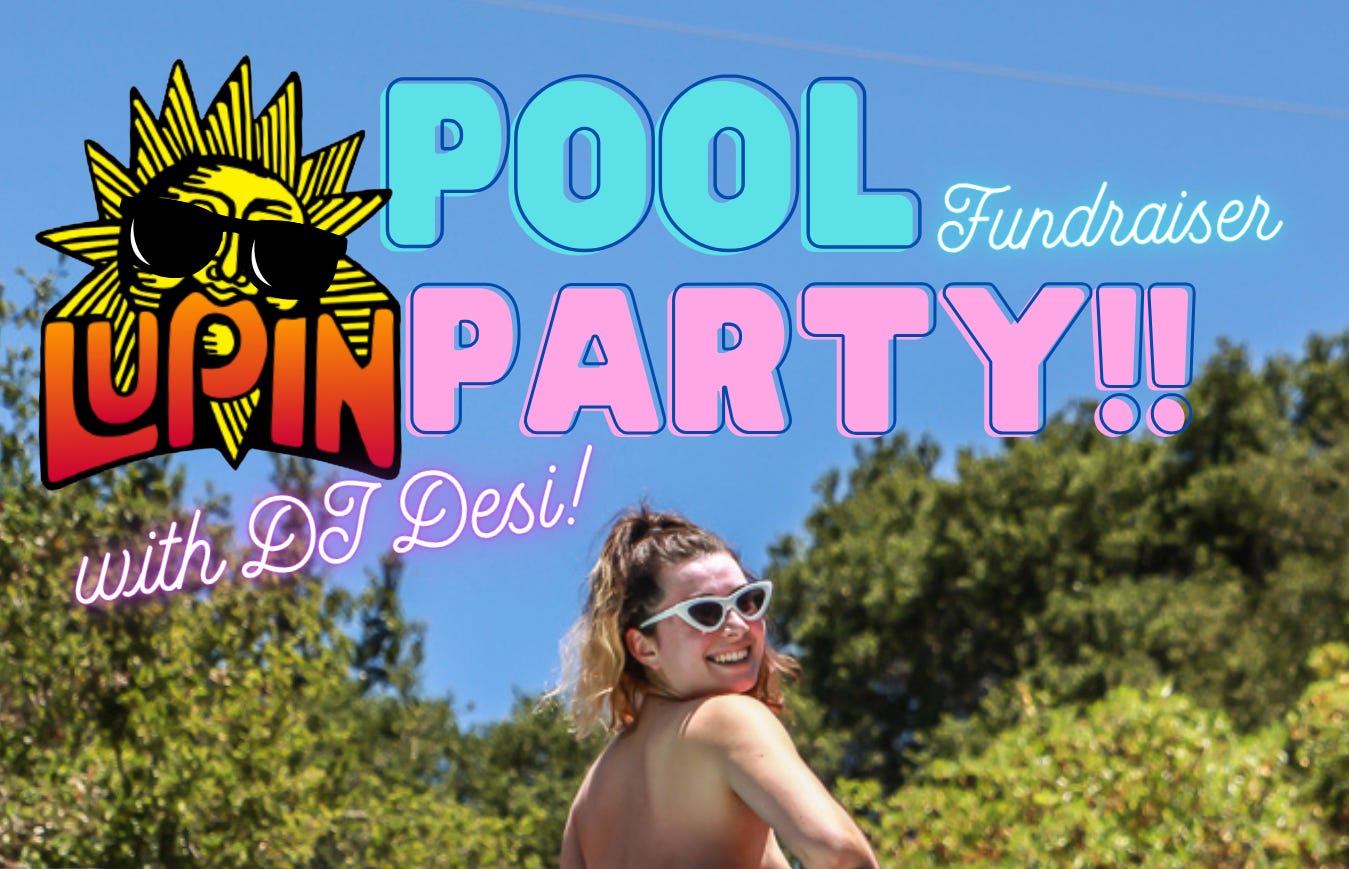 A promotional graphic for Lupin Lodge's Skinny Dip Day pool party. The colorful text reads "Pool Party Fundraiser with DJ Desi!" beside Lupin's sun-face logo. Below, a smiling woman in white cat-eye sunglasses glances back over her bare shoulder against a backdrop of blue sky and green trees. A promotional graphic for Lupin Lodge's Skinny Dip Day pool party. The colorful text reads "Pool Party Fundraiser with DJ Desi!" beside Lupin's sun-face logo. Below, a smiling woman in white cat-eye sunglasses glances back over her bare shoulder against a backdrop of blue sky and green trees.