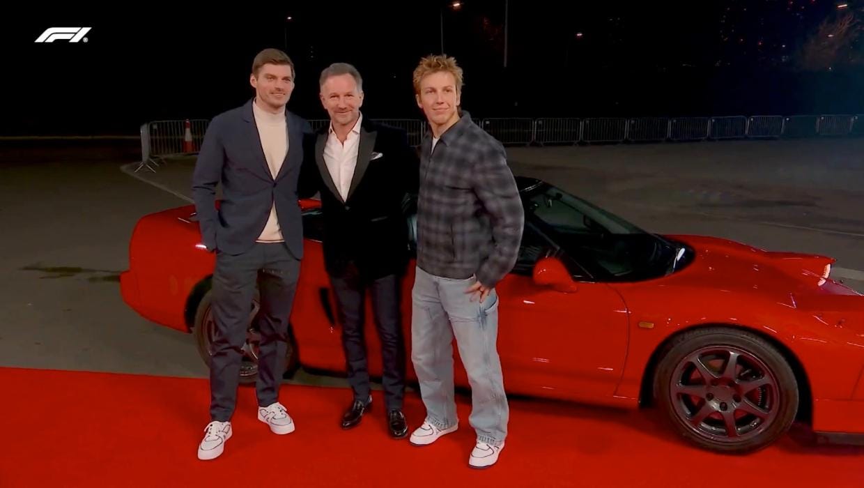 Liam Lawson drives his world champion teammate onto the red carpet