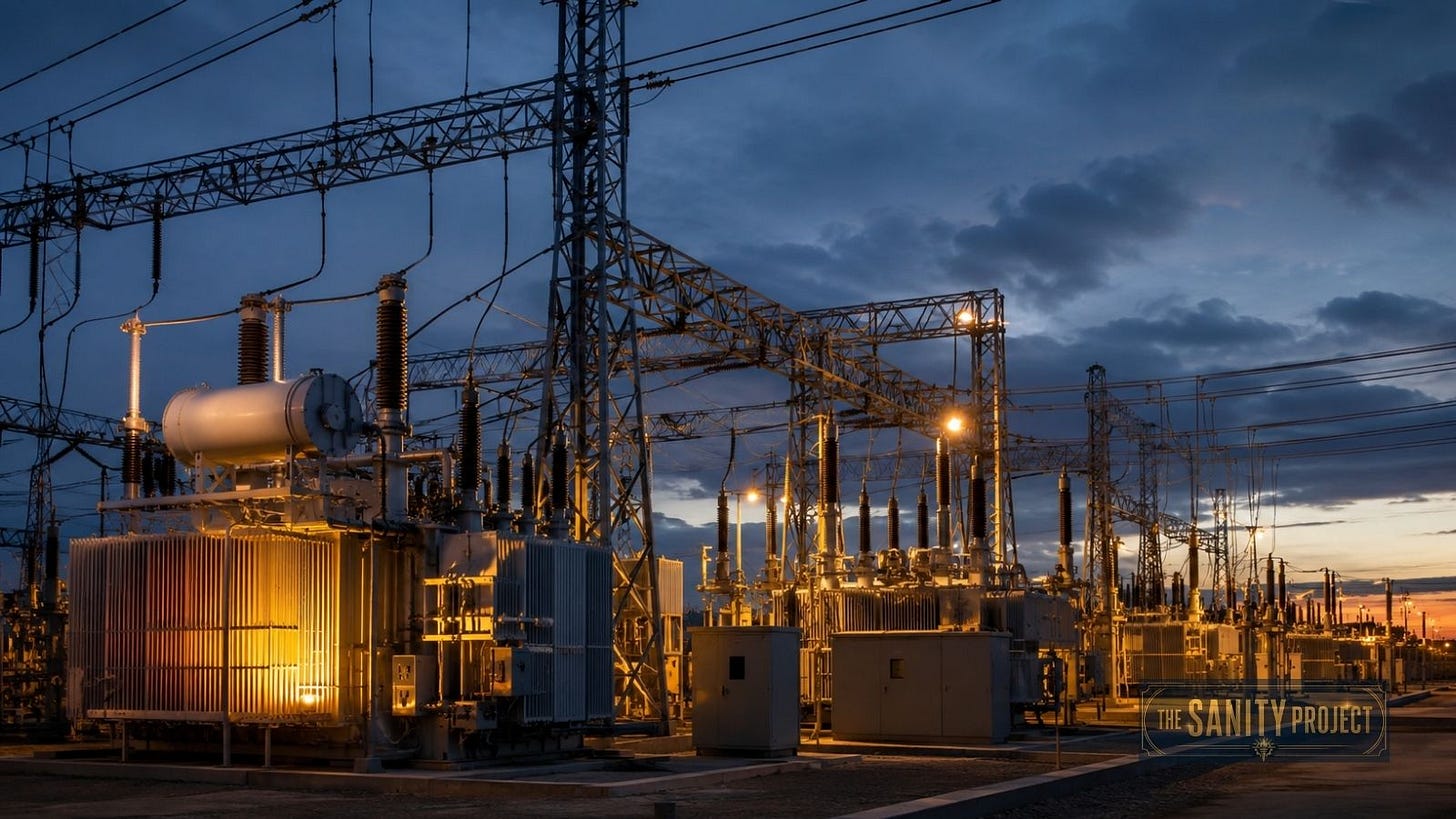 A large electrical substation at dusk, the kind of infrastructure quietly reshaping electricity prices Canada is watching from across the border.