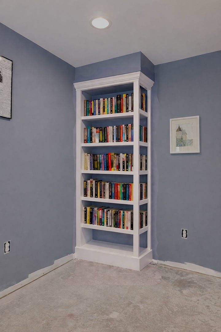 Four ai-generated images of a built-in bookcase in the corner of my office.