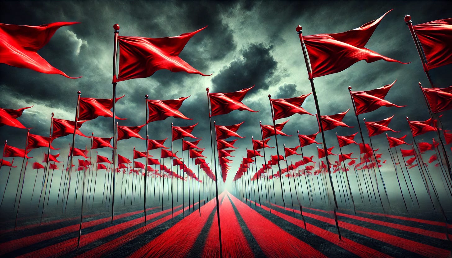 A conceptual illustration of multiple red flags stretching horizontally across an expansive X-axis, symbolizing warnings or negative signals. The flags are waving in the wind against a dark, stormy background, emphasizing an ominous or cautionary atmosphere.