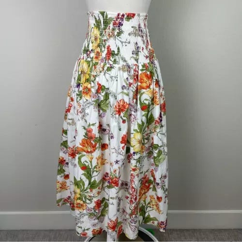 J Crew Collection Off White Orange Purple Floral Smocked Waist Full Skirt Large - Picture 4 of 7