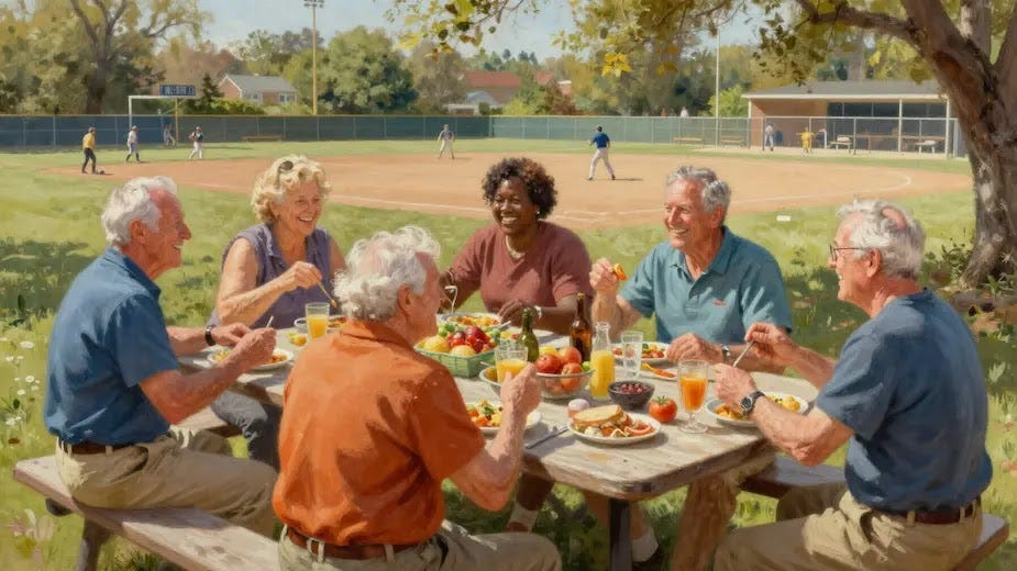 Seniors socializing and eating healthy