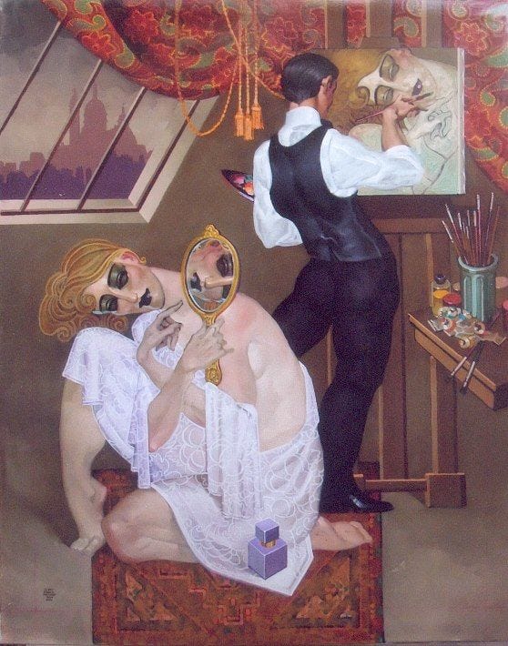 This may contain: a painting of two people in front of a mirror