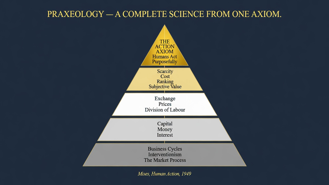 A clean pyramid diagram on dark navy background (#1A1A2E). Five tiers, each wider than the one above. Apex (bright gold): 'THE ACTION AXIOM  Humans Act Purposefully.' Second tier (pale gold): 'Scarcity  Cost  Ranking  Subjective Value.' Third tier (white): 'Exchange  Prices  Division of Labour.' Fourth tier (light grey): 'Capital Money Interest.' Base tier (mid grey, widest): 'Business Cycles Interventionism The Market Process.' A thin gold vertical line from apex to base. Gold serif title: 'Praxeology — A Complete Science From One Axiom.' Subtitle in pale gold: 'Mises, Human Action, 1949.' Clean, minimal, no gradients, no drop shadows. Textbook quality. Square 1:1.