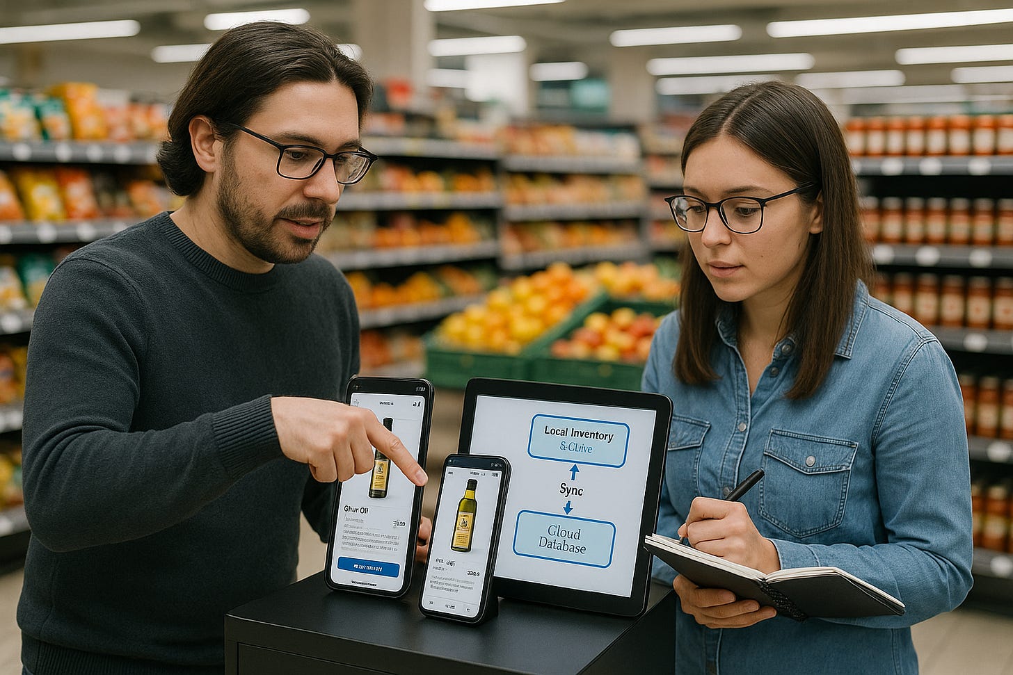 Two developers in a grocery store syncing product data between mobile devices and a cloud database.. Two developers in a grocery store syncing product data between mobile devices and a cloud database..