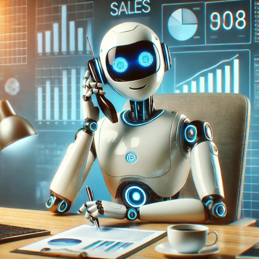 A digital illustration of a friendly robot sitting at a desk, holding a phone to its ear as if making a sales call. The robot has a sleek, modern design with metallic features and glowing accents, set in a bright and professional environment. The desk is equipped with a computer, sales charts, and a coffee cup, symbolizing a business setting. The atmosphere is energetic and engaging, highlighting AI's role in modern sales processes.